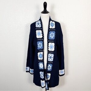 CHARLIE B Size Mediium Womens Crochet Granny Square Trim Cardigan Sweater Blue‎